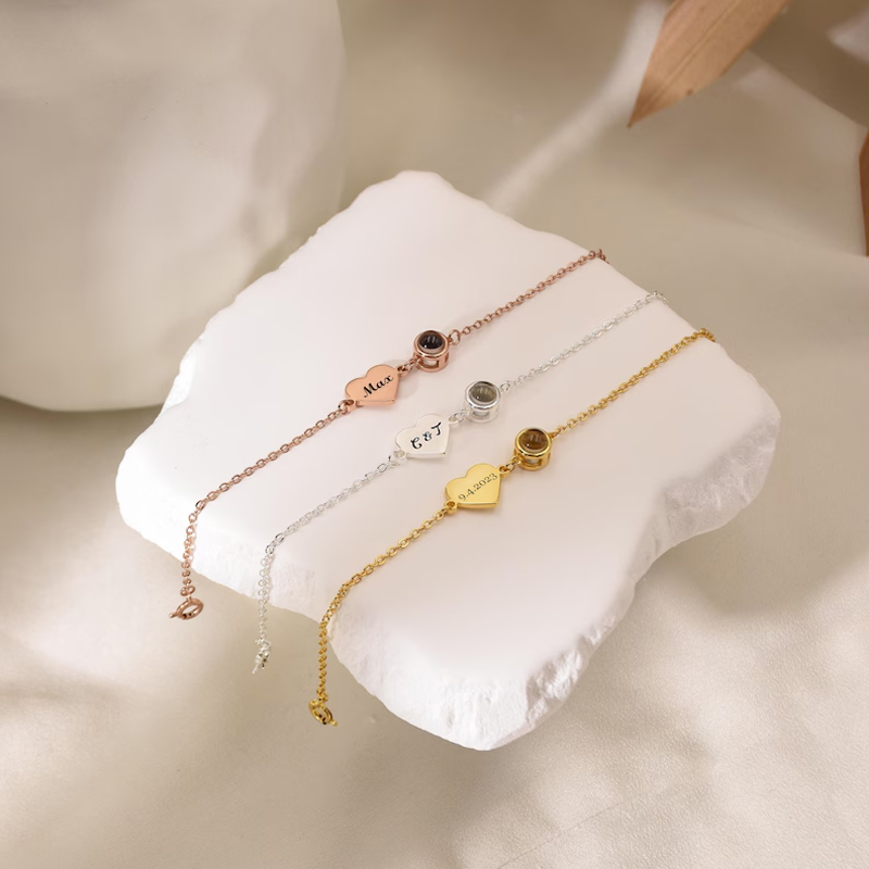 Rose Gold Bracelet - Custom Name Bracelet with Photo Projection
