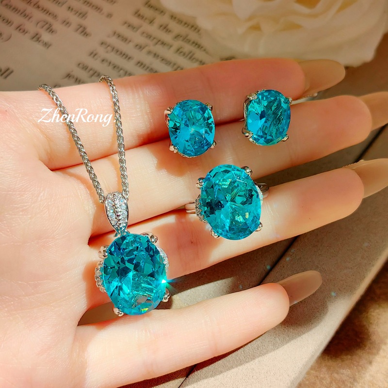 Diamond Stud Earrings - Mint green Paraiba pendant necklace, rose